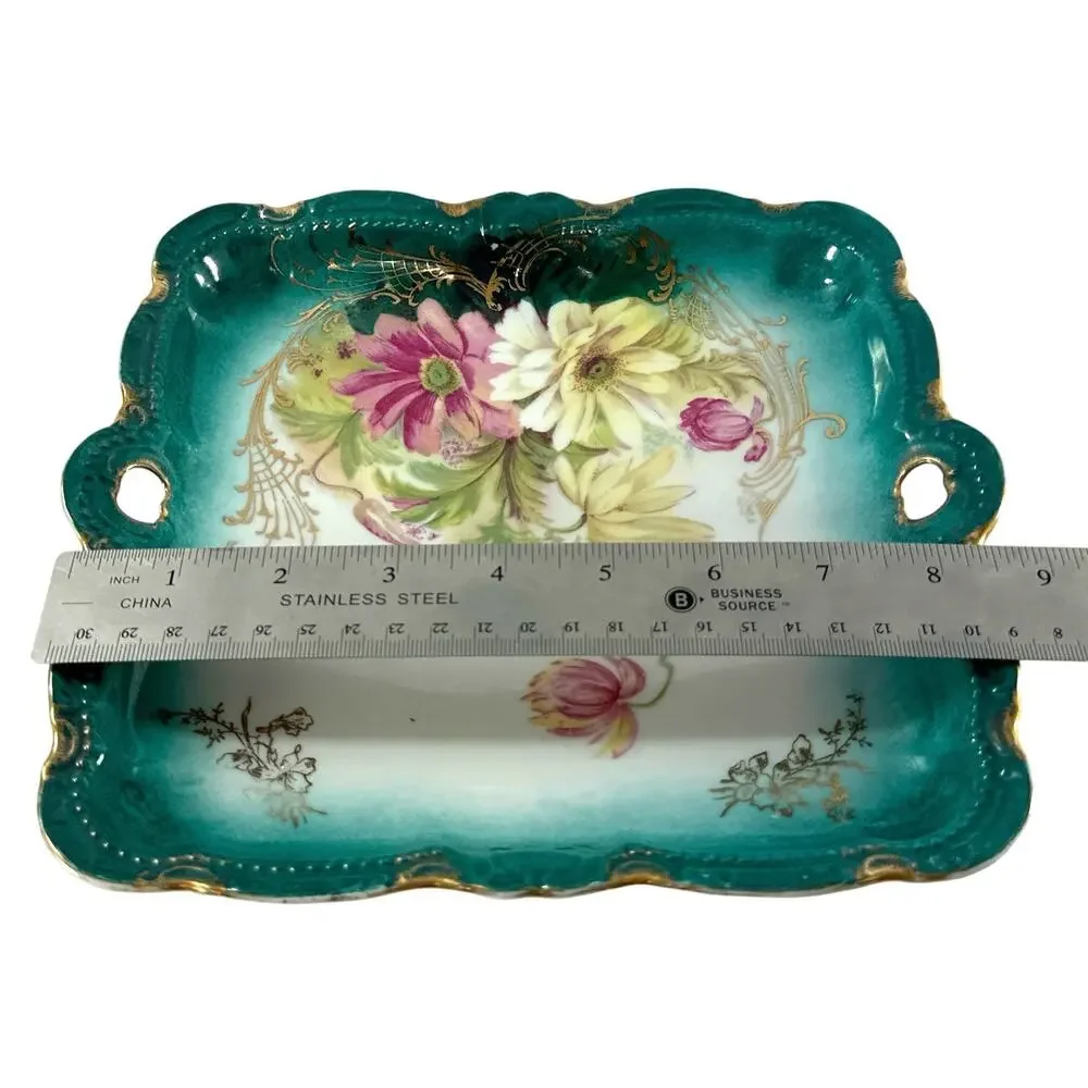 Antique PM Bavaria Hand Painted Floral Porcelain Serving Tray Gold Gilt 8.5”